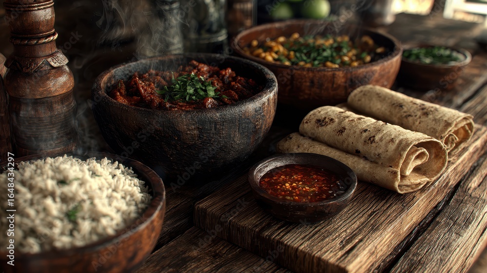 Fototapeta premium Steaming Hot Dishes, Rice, Flatbreads