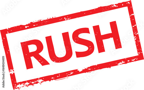 Red Rush Rubber Stamp on White Background, Imperfect Texture and Angled Perspective