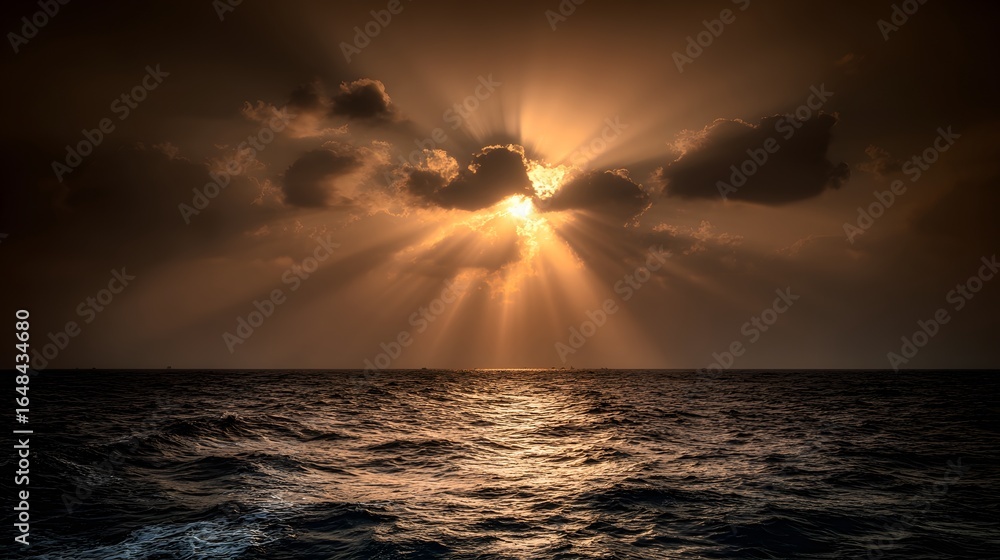 Obraz premium Sunlight breaking through dark clouds over a vast ocean.