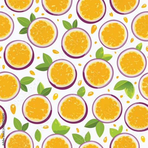 Seamless pattern of passion fruit halves with vibrant orange pulp and green leaves on white background.
