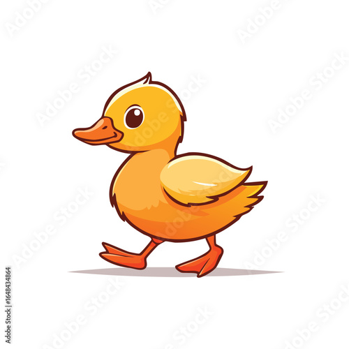 A charming cartoon illustration of a yellow duckling walking with a cheerful expression, perfect for children's content.