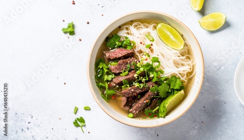 Pho noodles with beef, cilantro, and lime, Traditional Vietnamese pho with fresh beef slices and vibrant herbs