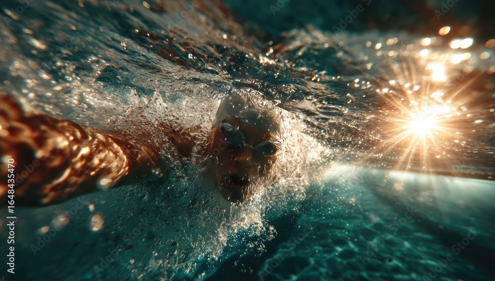 Fototapeta premium Underwater view of a swimmer's face with sun rays piercing the water