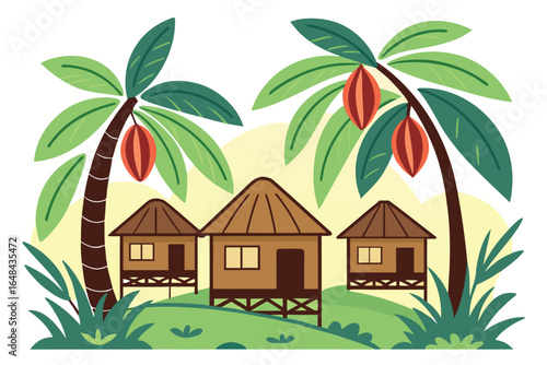 Tropical Cartoon Three Small Huts with Palm Trees and Cocoa Fruit Illustration