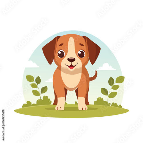 A cute cartoon puppy with brown and white fur stands on green grass, smiling happily.
