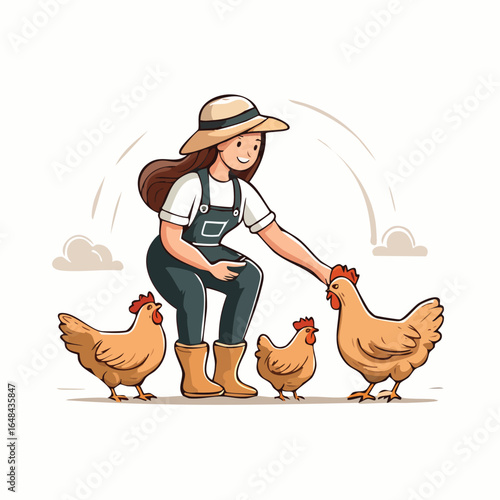 A farmer in overalls and a hat interacting with three chickens on a farm, outdoors.