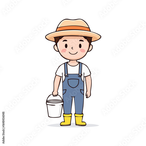 Cartoon illustration of a farmer wearing a hat and overalls, holding a bucket.