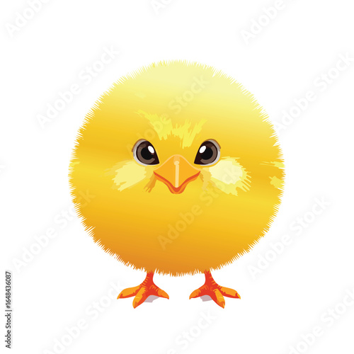 A cute, fluffy, and round yellow chick with big, dark eyes and an orange beak, standing upright.