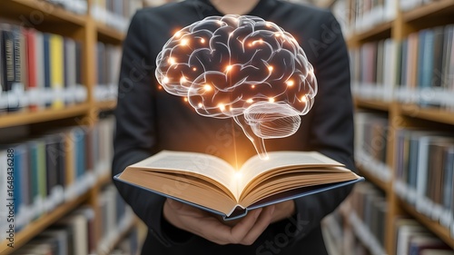 Person holding open book with glowing brain above in library human brain knowledge