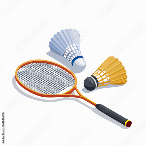 Isometric vector illustration of badminton equipment, including a racket and two shuttlecocks, isolated on a white background.