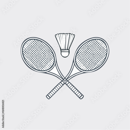 Hand-drawn sketch of crossed badminton rackets and shuttlecock. Outline vector icon of sports equipment for game and competition.