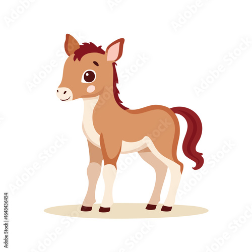 A cute cartoon illustration of a baby horse with a light brown coat and a dark red mane and tail.