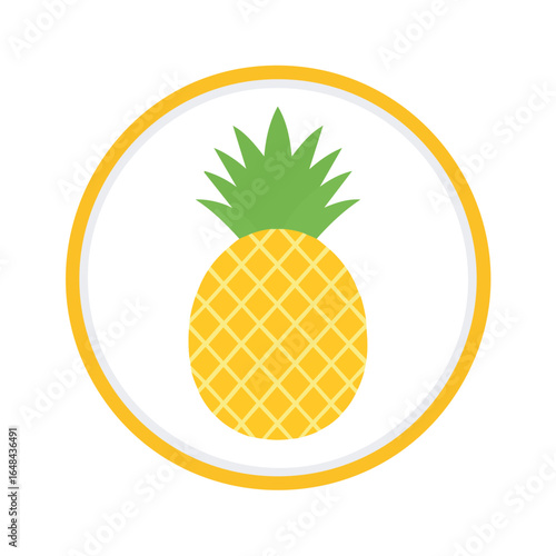 A vibrant illustration of a pineapple inside a yellow and white circular frame.