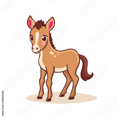 Cute cartoon illustration of a young horse, standing with a friendly expression, perfect for children's books.