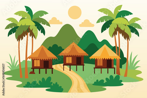Tropical Landscape with Thatched Roof Huts, Palm Trees, Mountains, and a Sunny Sky
