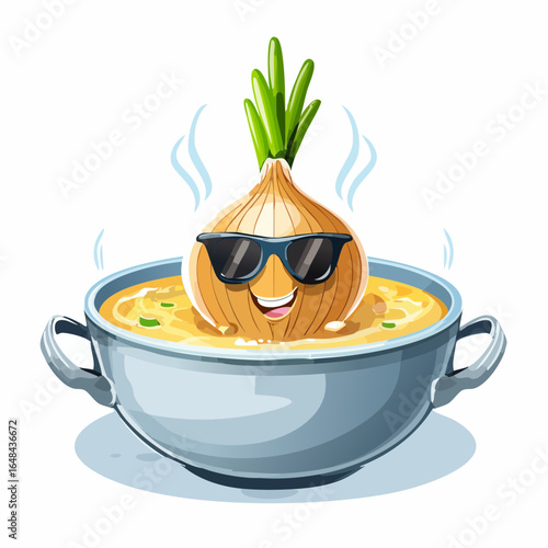 Funny cartoon onion character with sunglasses relaxing in a hot steamy bowl of soup like a jacuzzi
