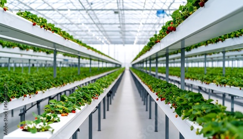 Rows of strawberries grow in a modern greenhouse