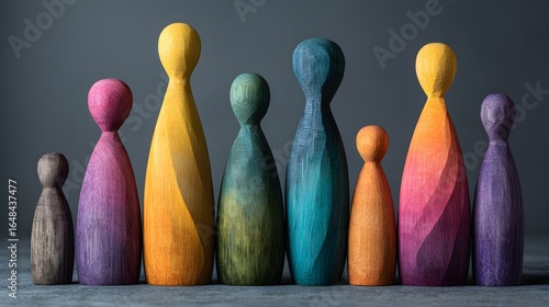Colorful wooden figures arranged in a family formation.