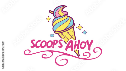 Scoops ahoy ice cream parlor logo design with colorful ice cream cone and decorative swirls vector art