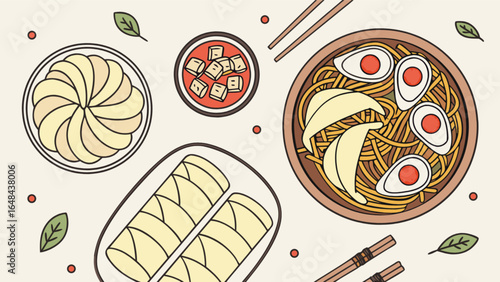 Delicious asian food illustration featuring ramen noodles dumplings spring rolls and tofu for food lovers