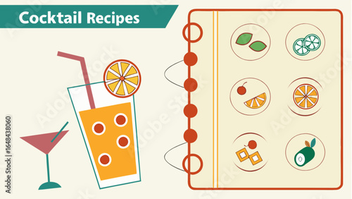 Cocktail recipe book with drink illustrations and ingredients guide for bartenders and mixologists guide