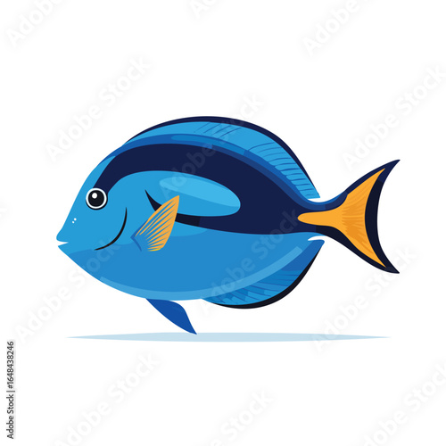 Illustration of a blue tang fish with a yellow tail and black markings, swimming.