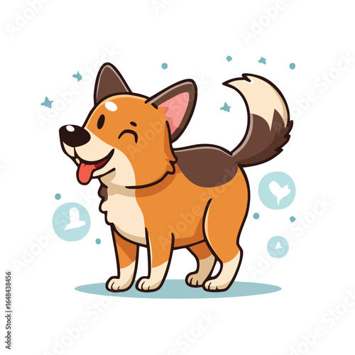 A cheerful cartoon illustration of a corgi dog with a happy expression, smiling and wagging its tail.