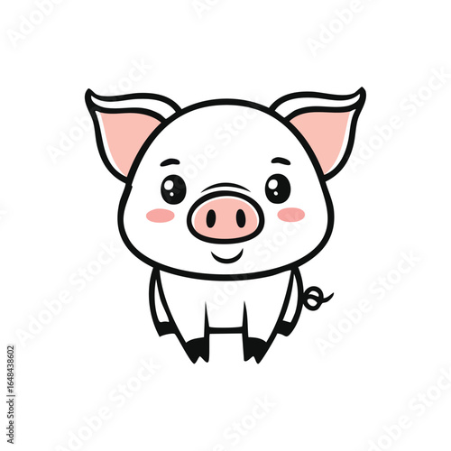 Cute cartoon pig illustration with a white body, pink ears, and a curly tail, smiling.