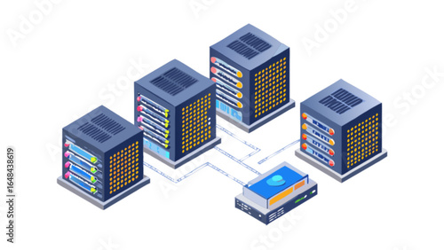 Isometric server rack data center cloud computing network hosting storage information technology infrastructure