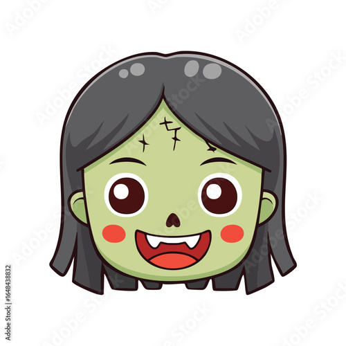 Cartoon illustration of a cute zombie girl with green skin, black hair, and a happy expression.