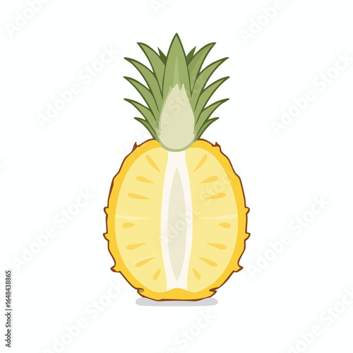 A detailed illustration of a halved pineapple, showcasing its vibrant yellow flesh and green crown.