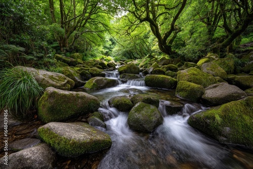 Lush forest stream flows over mossy rocks