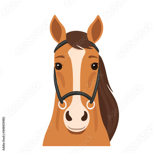 Close-up illustration of a brown horse's head, featuring a bridle and detailed facial features.