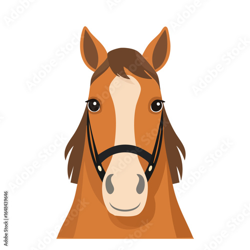 Close-up illustration of a brown horse's head with a black halter, looking forward.