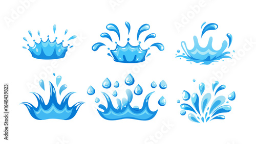 Blue water splashes and drops liquid fluid