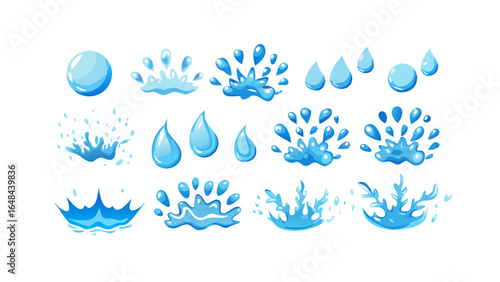 Blue water splashes and drops liquid fluid
