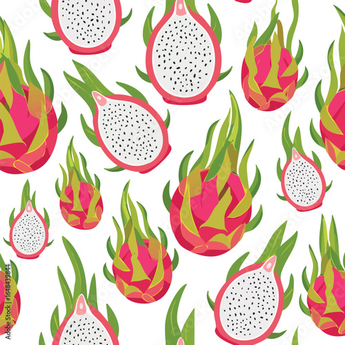 Vibrant seamless pattern featuring dragon fruit slices and whole fruits on a white backdrop.