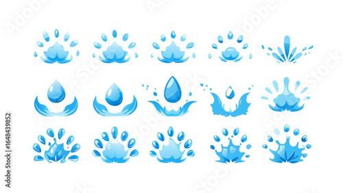 Blue water splashes and drops liquid