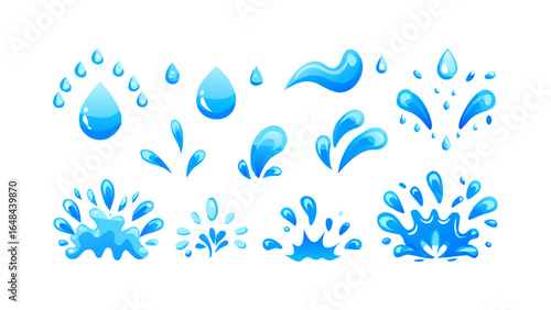 Blue water splashes and drops liquid