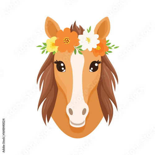 A charming illustration of a horse's head adorned with a floral crown, showcasing a friendly expression.