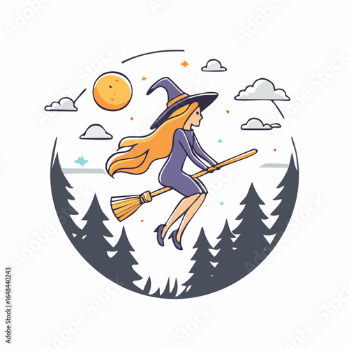 A whimsical illustration of a blonde witch flying on a broomstick against a night sky with a full moon.