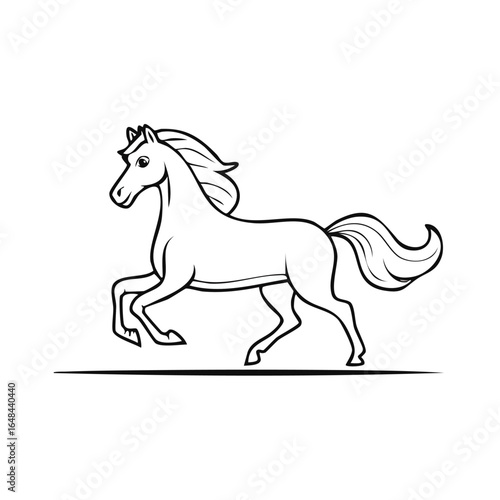 A detailed black and white illustration of a horse in a running pose, showcasing its elegant form.