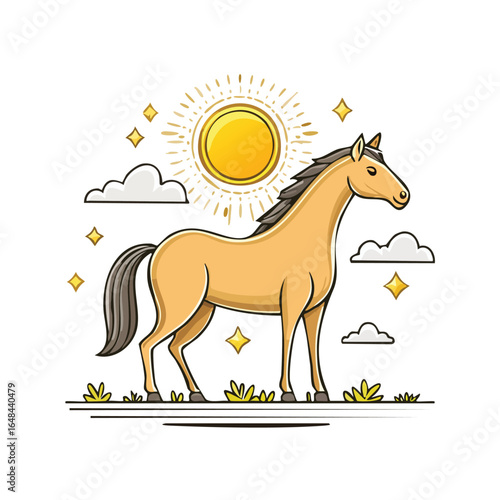 A detailed illustration of a tan horse standing in a field with a bright sun and clouds.