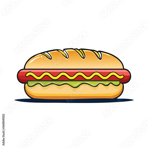 A detailed illustration of a hotdog in a bun with mustard and relish, ready to eat.