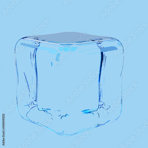 A captivating close up of a translucent ice cube with rounded edges against a light blue background tone