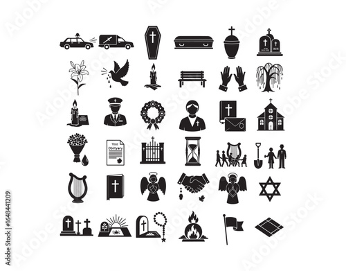 Icons related to funerals. All the white stroke shapes are cut from the icons and blended so the background can be seen through them.