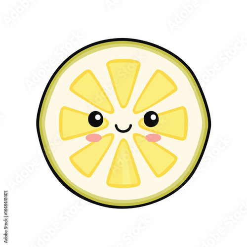 A cheerful cartoon illustration of a sliced lemon with a smiling face, perfect for food-related designs.