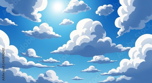 Bright cartoon-style blue sky with big fluffy white clouds, sunny and vibrant atmosphere

