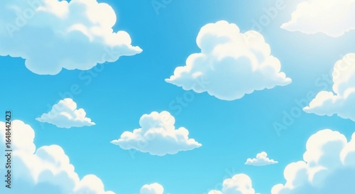 Bright cartoon-style blue sky with big fluffy white clouds, sunny and vibrant atmosphere

