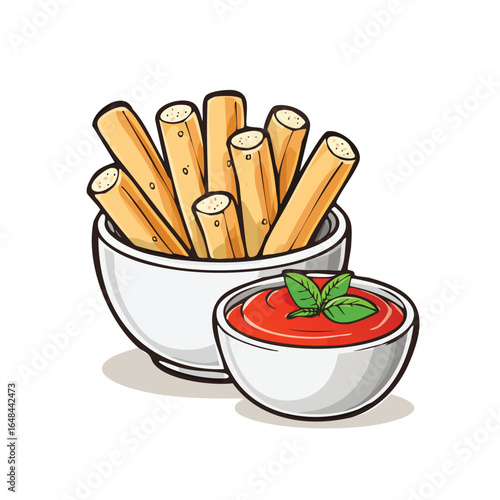 Close-up illustration of breadsticks served in a white bowl with a side of tomato sauce and basil leaves.